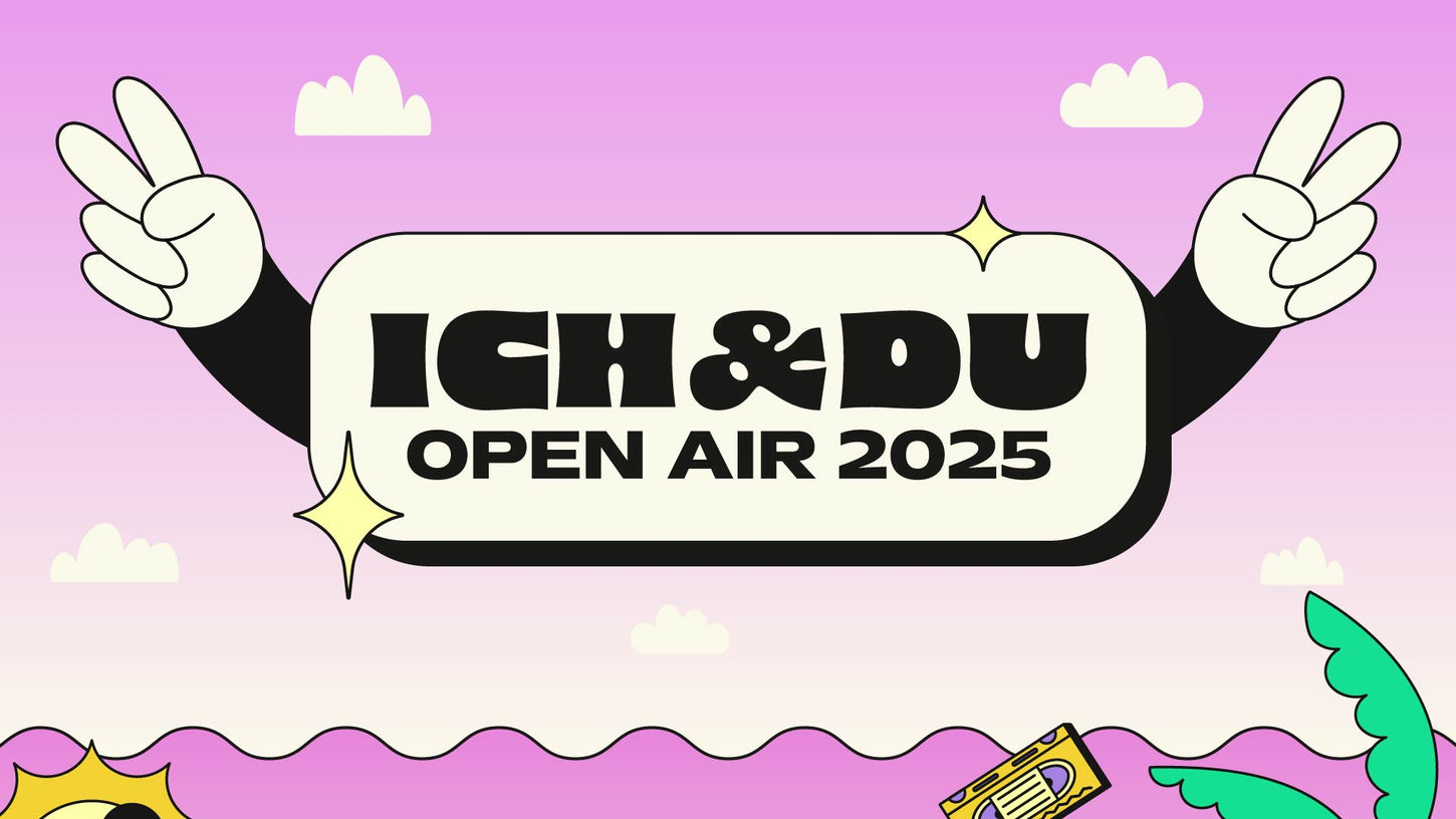 Festival key visual with mascot and colorful elements for Ich & Du Open Air 2025.