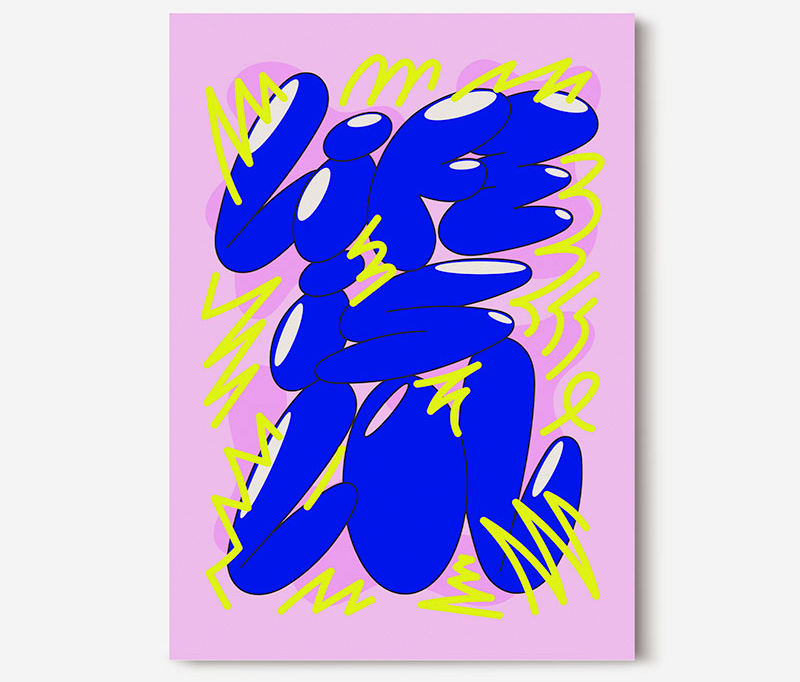 Poster mockup featuring abstract blue lettering with neon yellow details on a soft pink background.