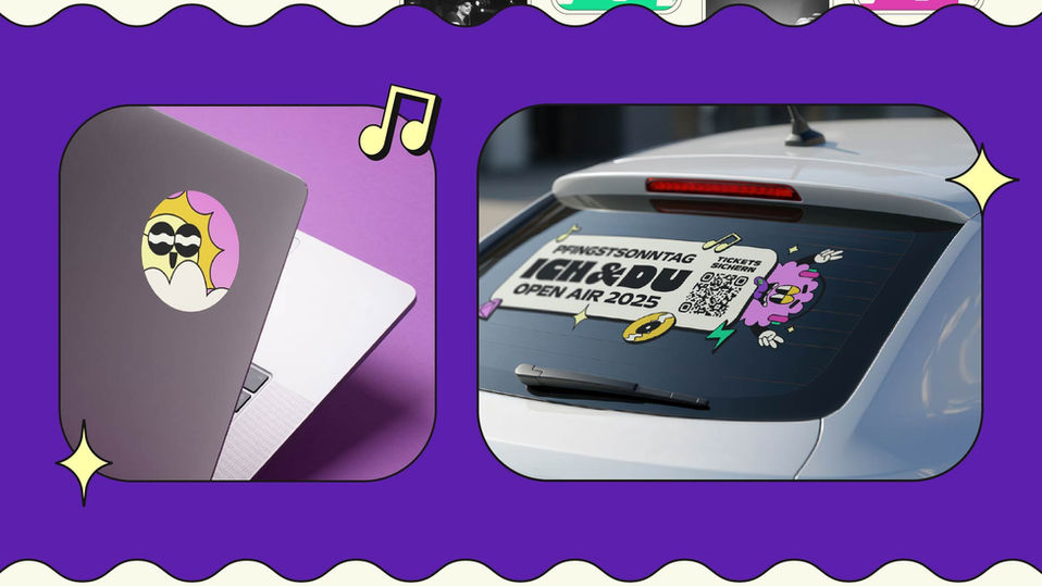 Colorful festival stickers on laptop and car for Ich & Du Open Air 2025.