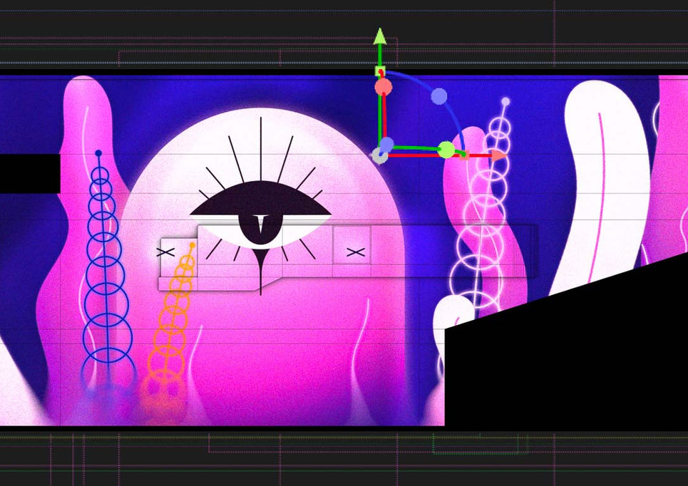 After Effects screenshot of 2D eye animation with pink organic shapes and grid overlays.