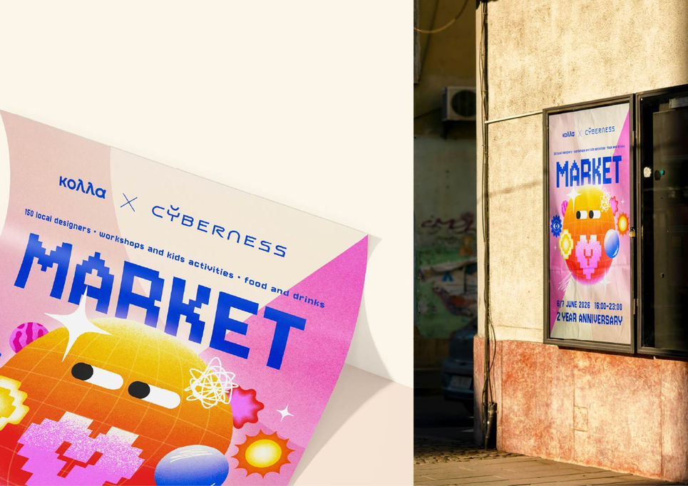 Cyberness × Kolla festival poster shown as a close-up and displayed in a window in an urban environment.