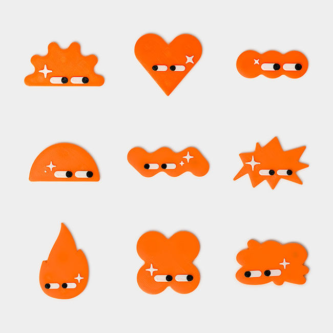 Thumbnail: neon orange 3d printed magnets in nine different abstract shapes, eco friendly magnets for the fridge, office decoration