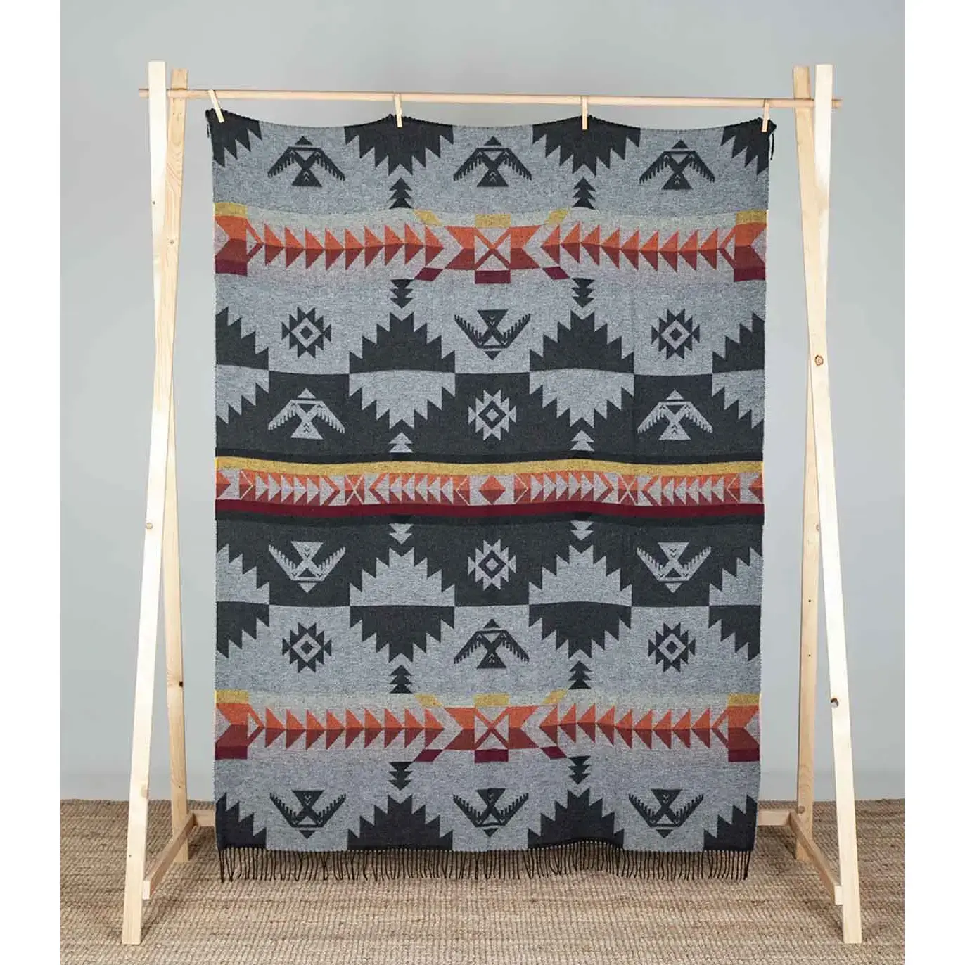 Boho Wolldecke mit Thunderbird Motiv in grau, Ansicht 1