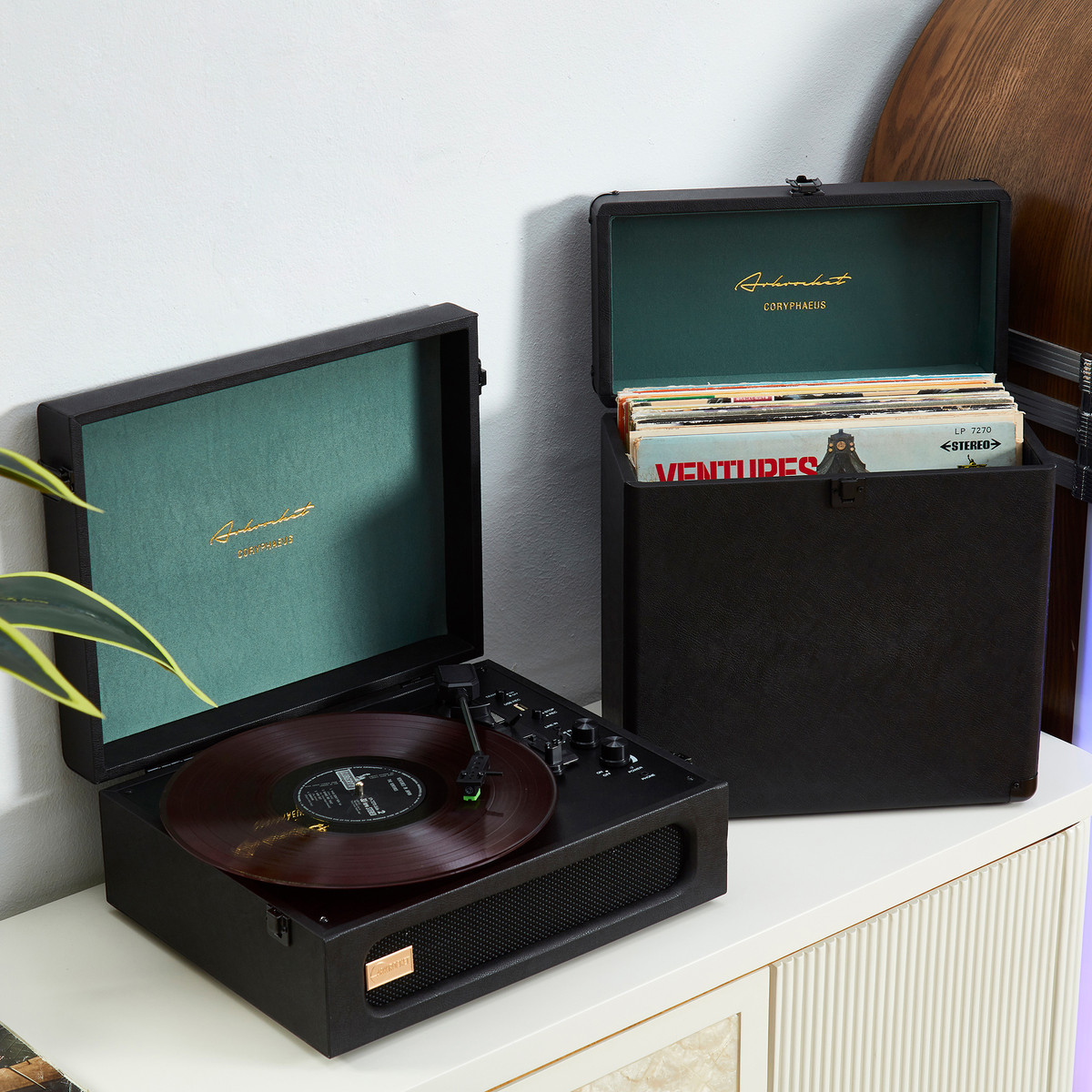 Coryphaeus Bluetooth Record Player with Record Storage Case (Black/Green)