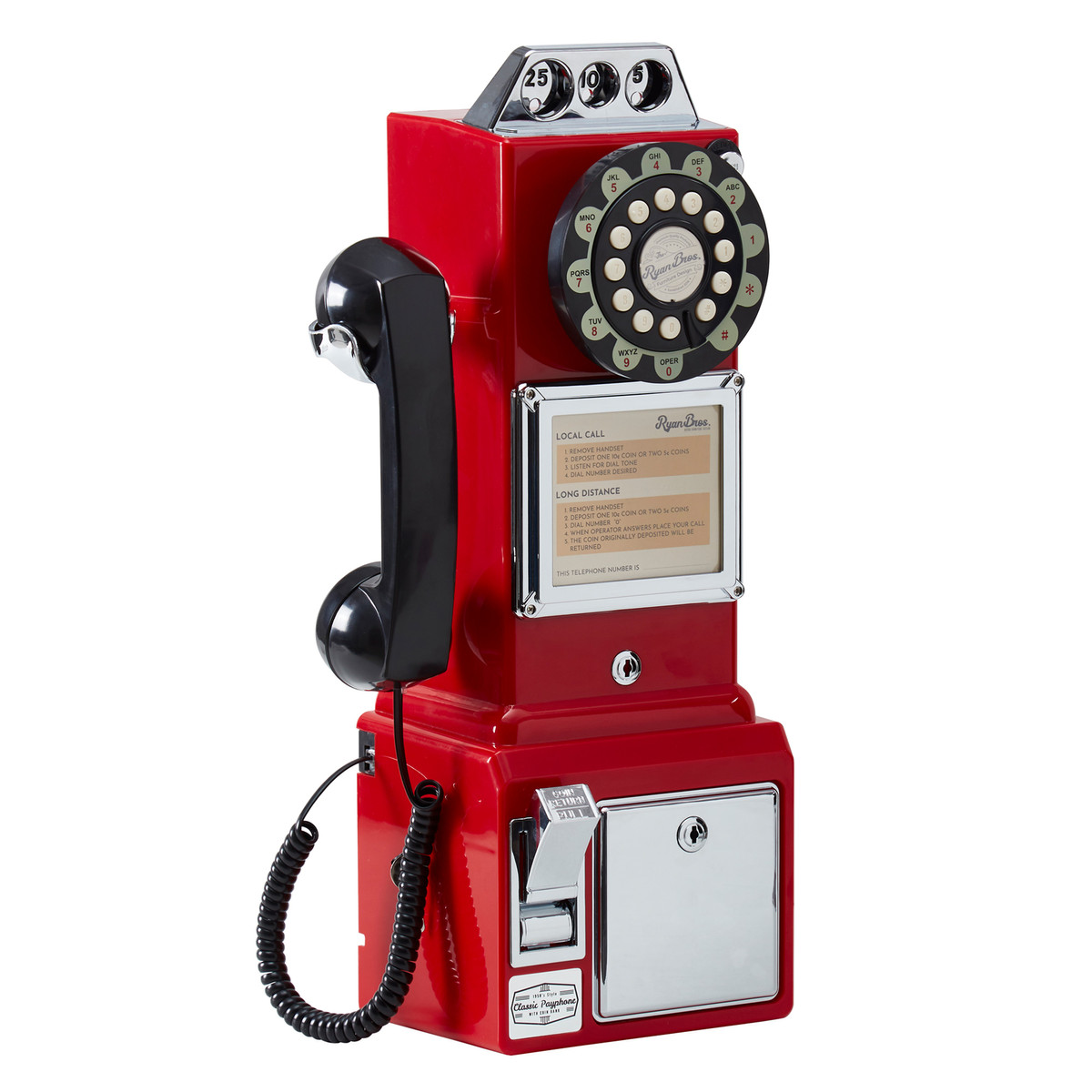 Ryan Bros. American Retro 1950's Payphone with Coin Bank (Red)