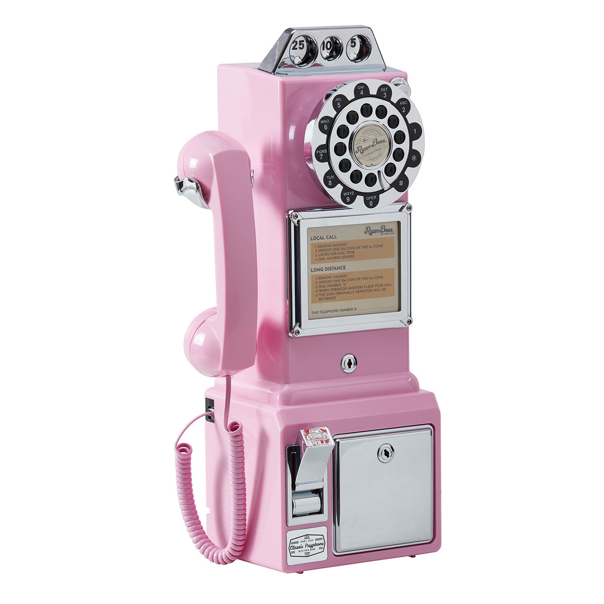 Ryan Bros. American Retro 1950's Payphone with Coin Bank (Pink)
