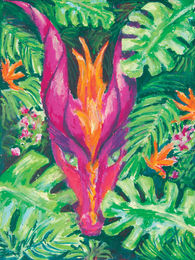 Oil pastel drawing of a pink dragon among tropical leaves