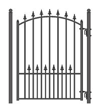Classic iron pedestrian gate with spear-top pickets and curved upper rail