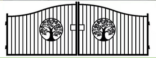 Ornamental iron driveway gate with circular tree medallion panels and arched top rail