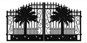 Decorative iron double driveway gate with palm tree silhouette cutouts and arched top rail