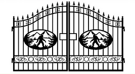 Ornamental iron double gate with circular wildlife medallion panels and arched top