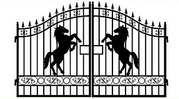 Ornamental iron driveway gate with rearing horse silhouette panels and arched frame