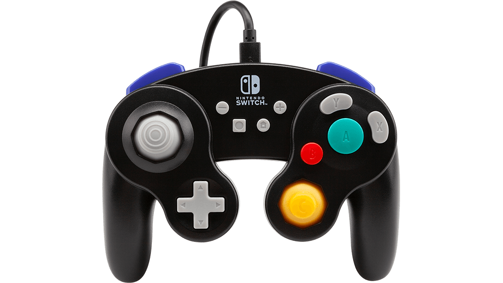 PowerA´s black Wired Pro Controller that is made to look like a Gamecube gamepad behind a white void