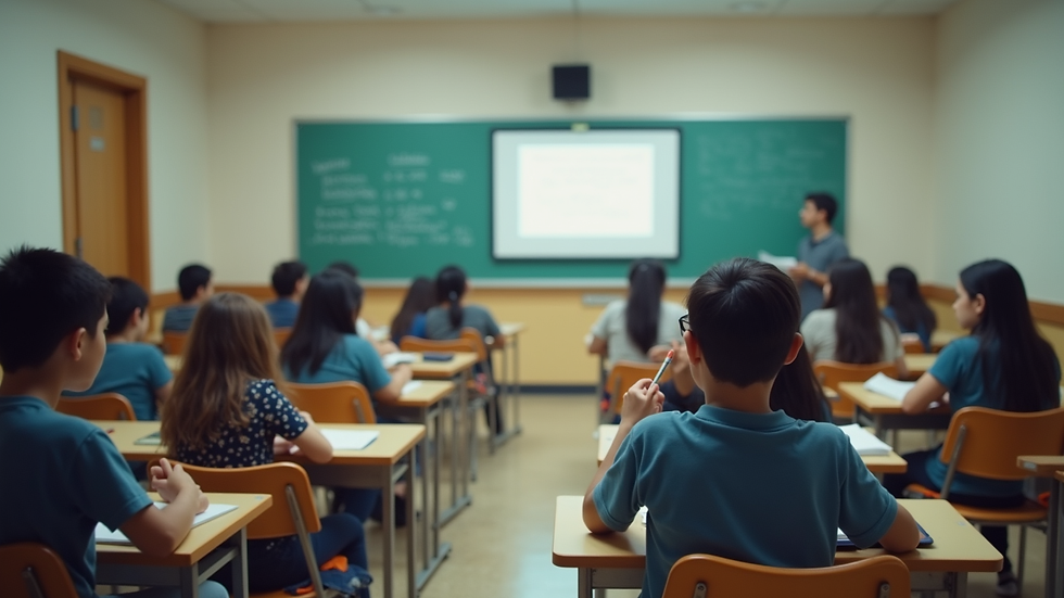 Wide angle view of a classroom filled with students engaged in learning
