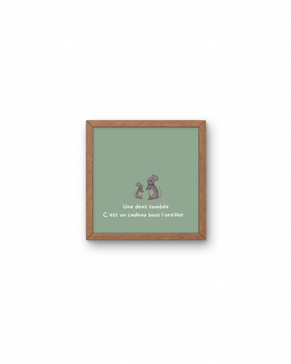 Affiche Décorative "Souris cadeau sous l'oreiller" - Fond vert