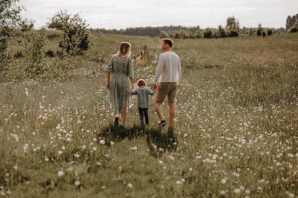Family walking hand-in-hand through a sunlit field of white flowers.