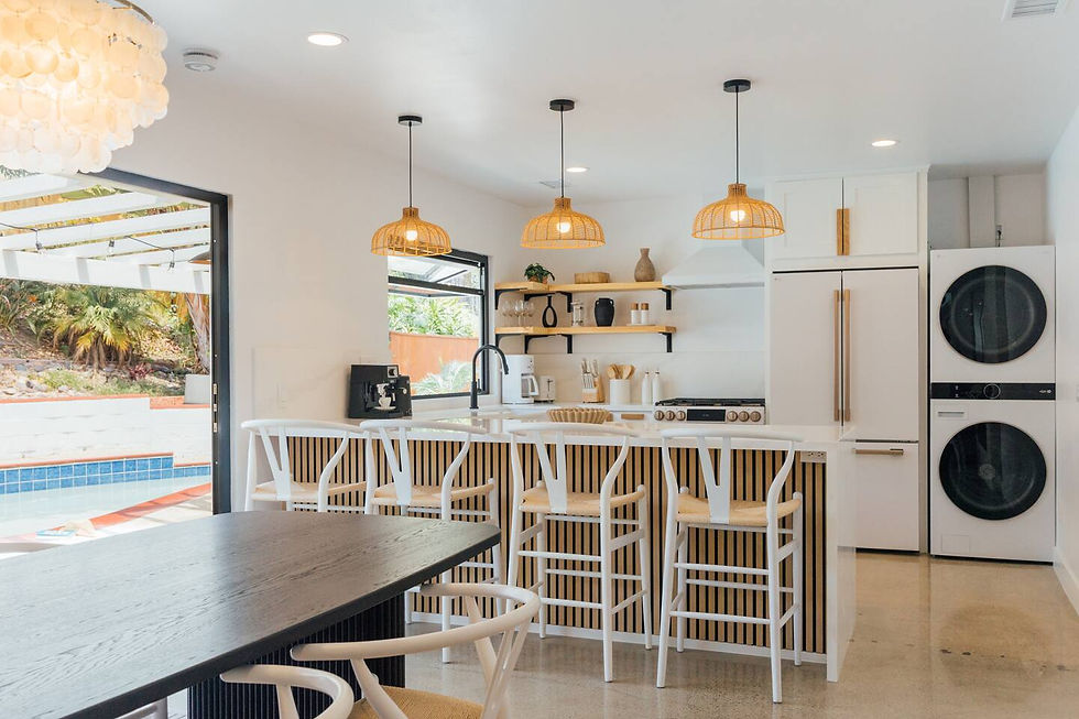 Modern kitchen and pool view for Corporate Housing & Boutique Rentals
