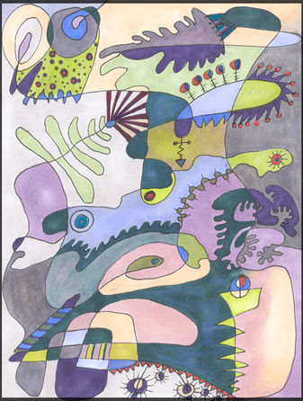 Continuous line creating organic shapes in muted colors of lavender, pink, grey and dark green.