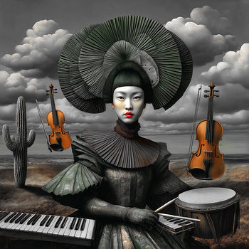 Long view with distant cactus, clouds and suspended cellos.