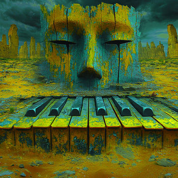 sinister mask presiding over odd piano keys in desolate landscape