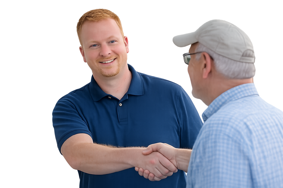 Orange City Council candidate Stephen Gensel Jr. greeting a resident with a handshake during a community conversation.