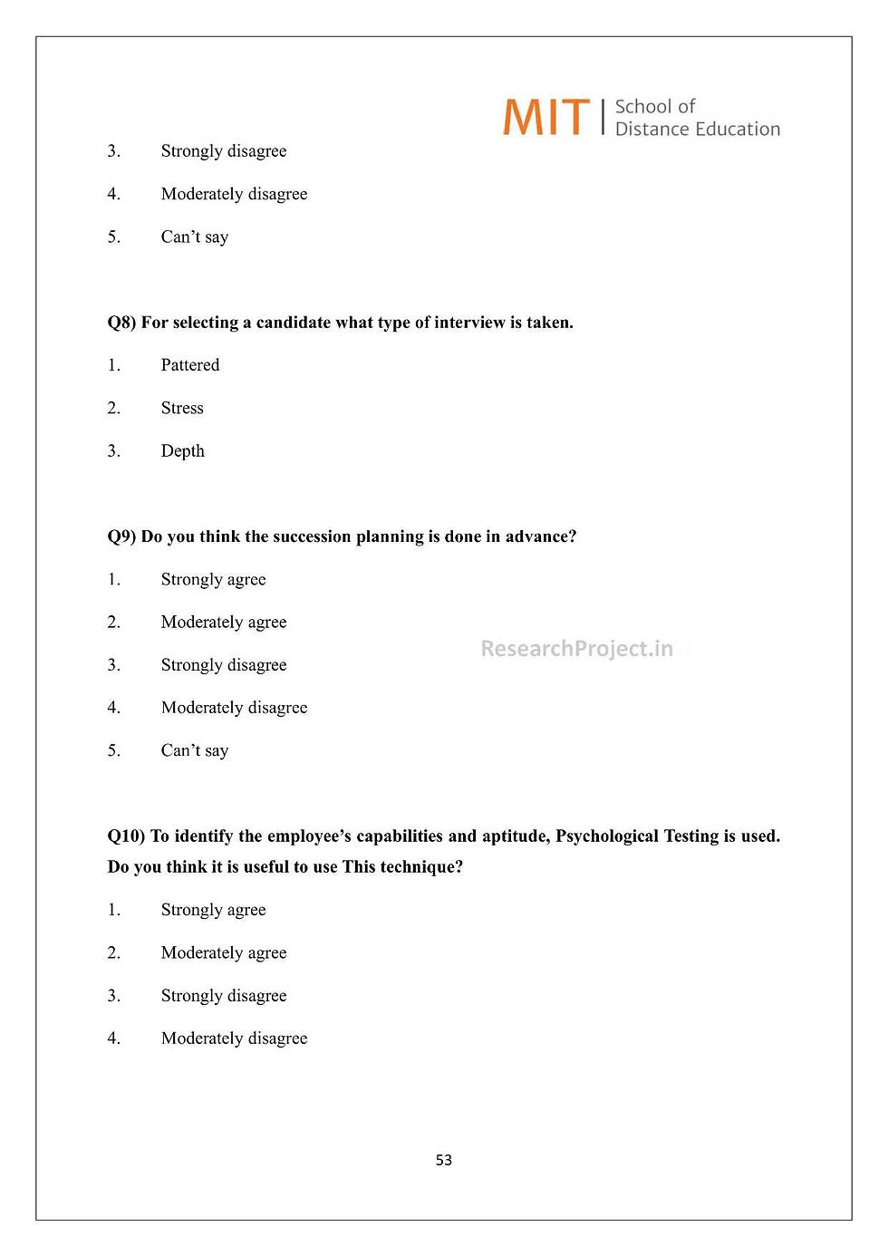 Chapter 8 Questionnaire for MIT School of Distance Learning for Master of Business Administration (M