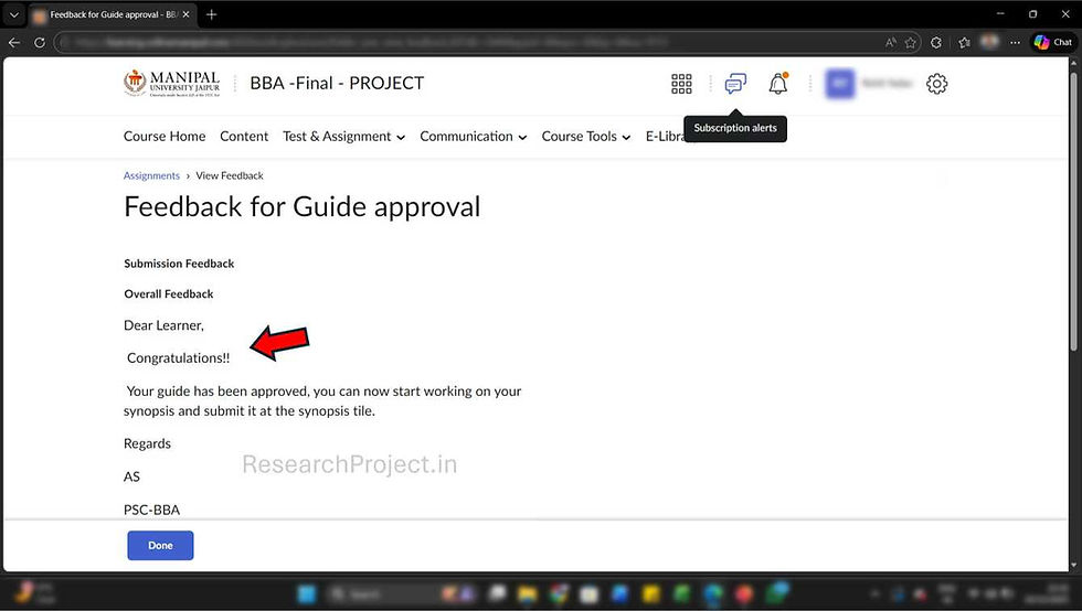 Laptop screenshot showing faculty guide remark “Congratulations” for project approval at Manipal Uni