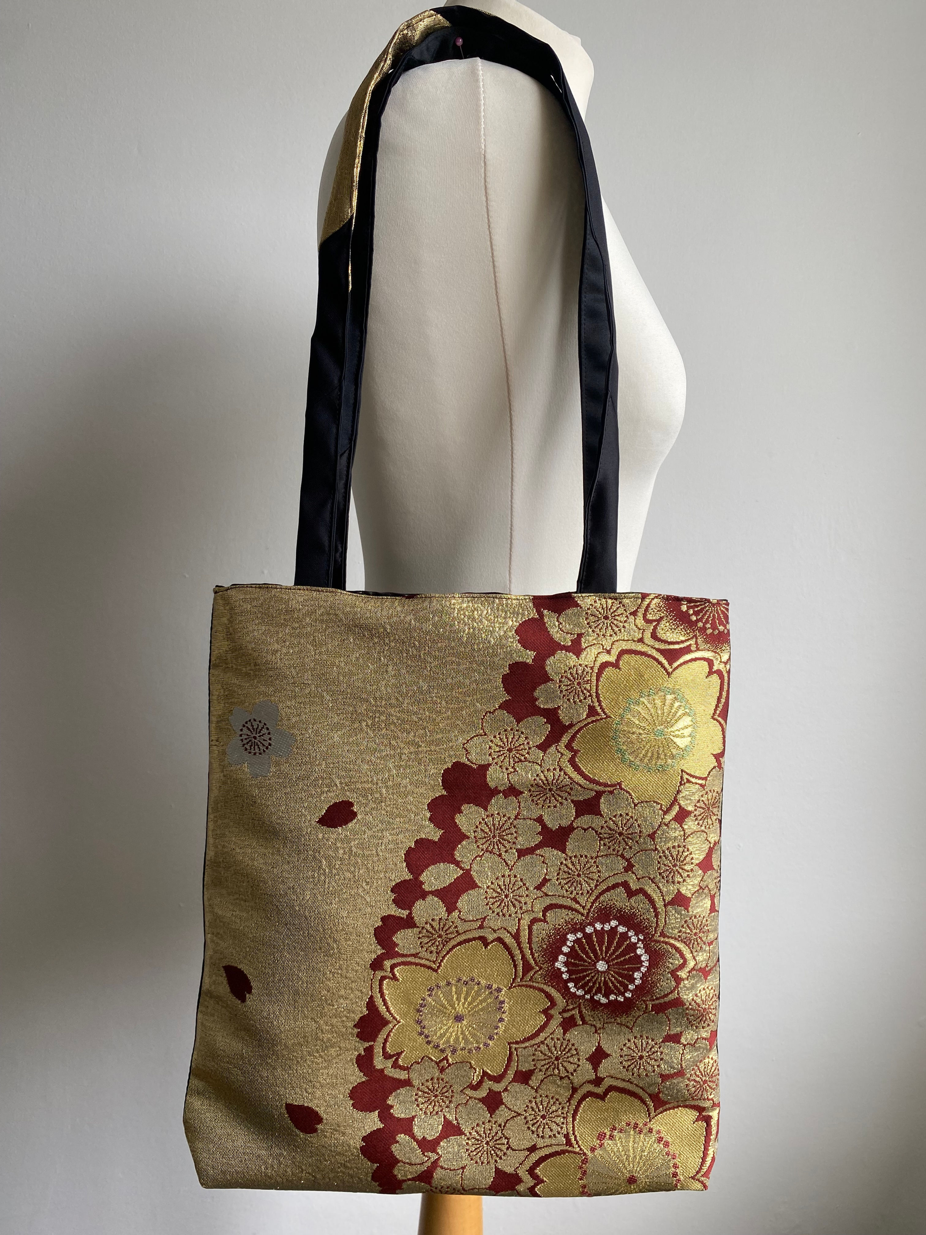 Golden Cherry Blossom Vintage Silk Kimono Totebag/金と桜のトートバック