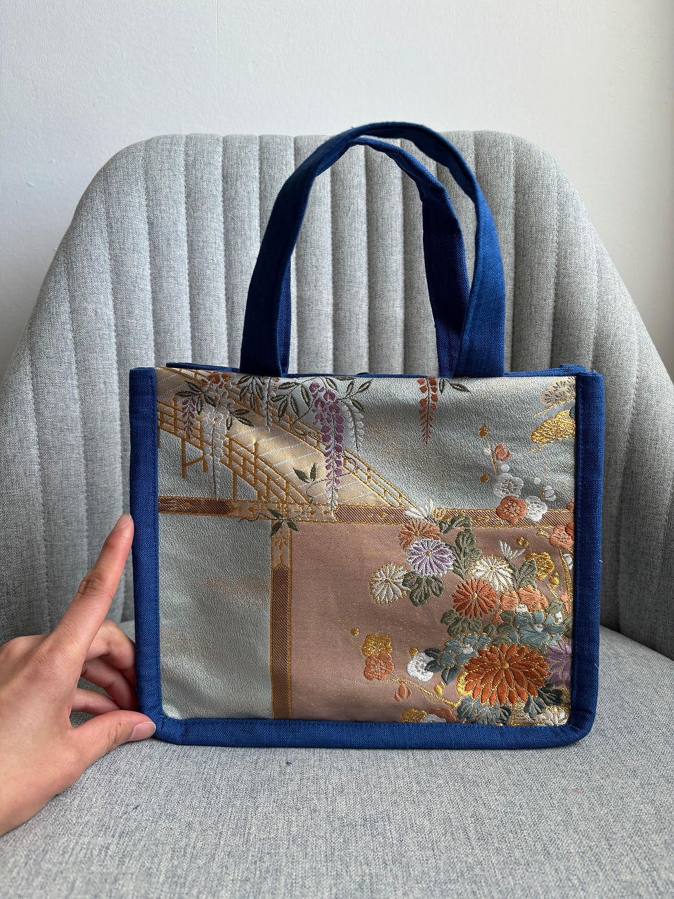 Thumbnail: Royal Blue Golden Flower Basket Vintage Silk Kimono Lunch bag/花籠のランチバック