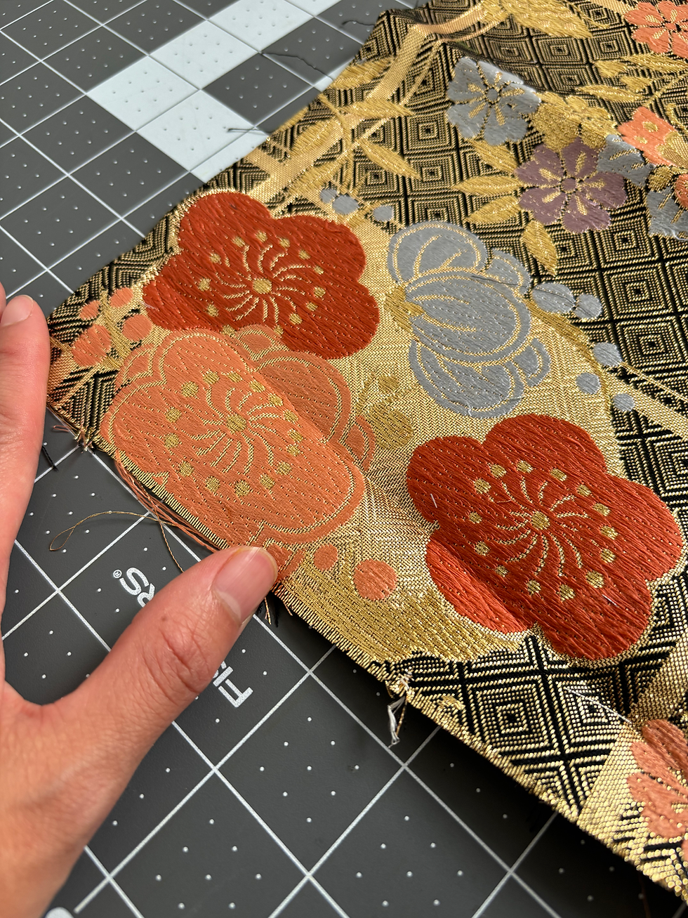 Thumbnail: Golden Floral Butterfly Vintage Silk Obi / お花と蝶々の帯 - 30cm(11.8")Wx28cm(11.0")