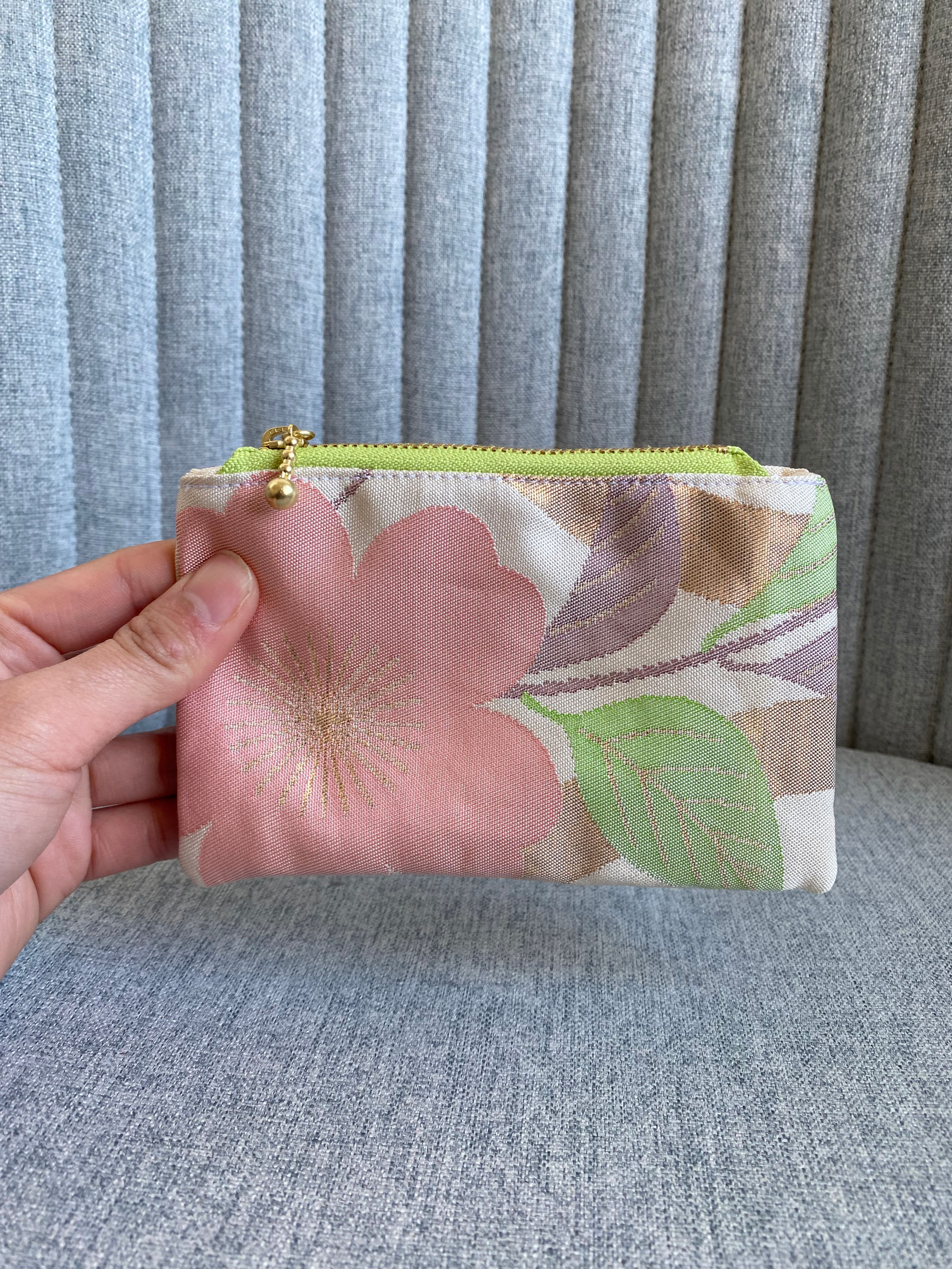 Golden Pastel Colour Cherry Blossom Vintage Silk Kimono Mini Pouch/桜のミニポーチ