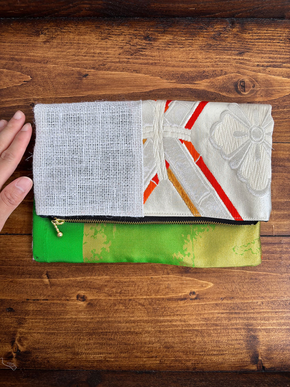 Floral Diamond Pattern and Golden Green Vintage Silk Kimono Clutch Bag / 花菱・金緑