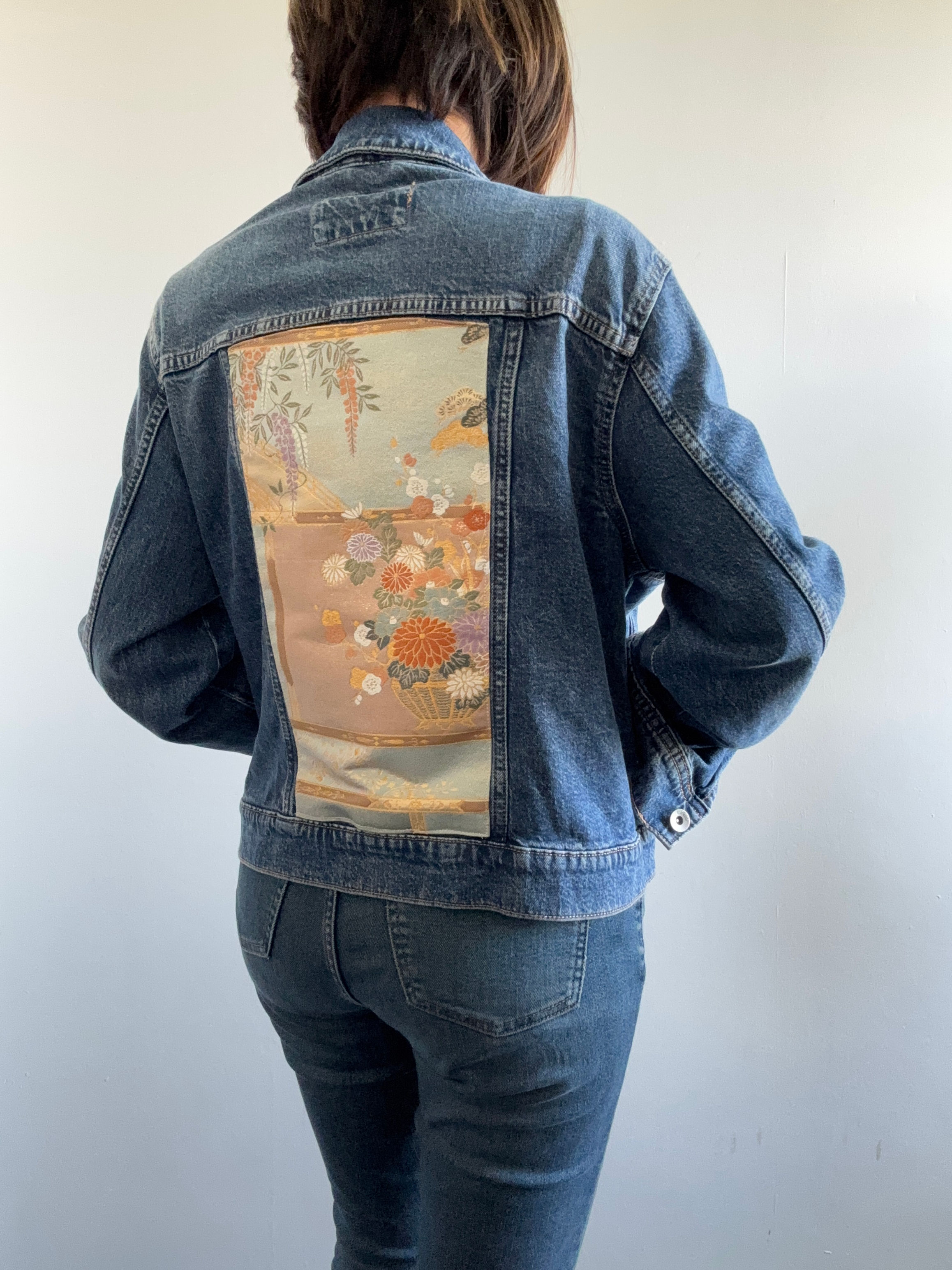 Golden Pastel Hanakago Vintage Silk Kimono Jacket/ 花籠のデニムジャケット