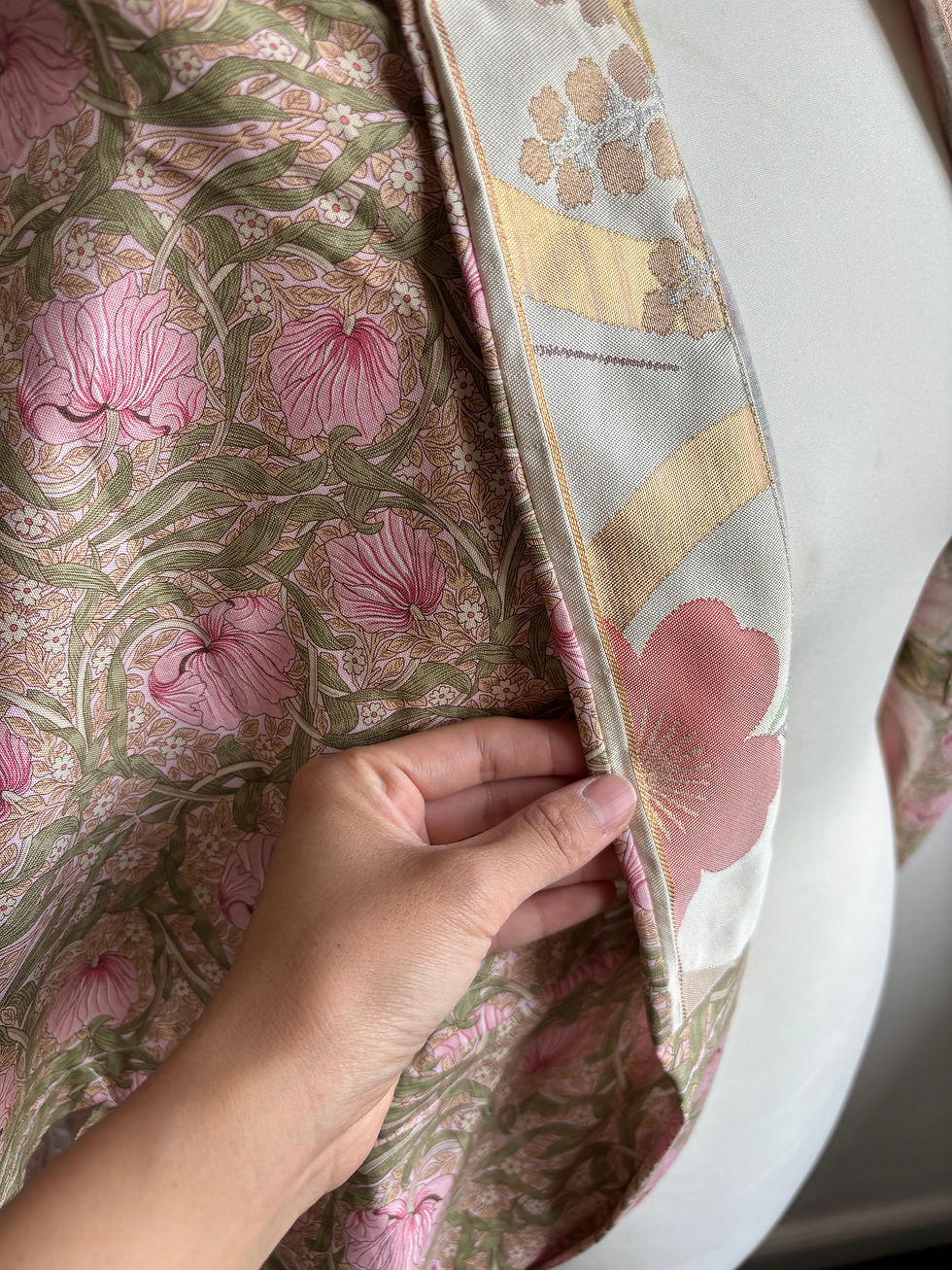 Thumbnail: William Morris Pink Pimpernel x Golden Cherry Blossom Vintage Silk Kimono Haori