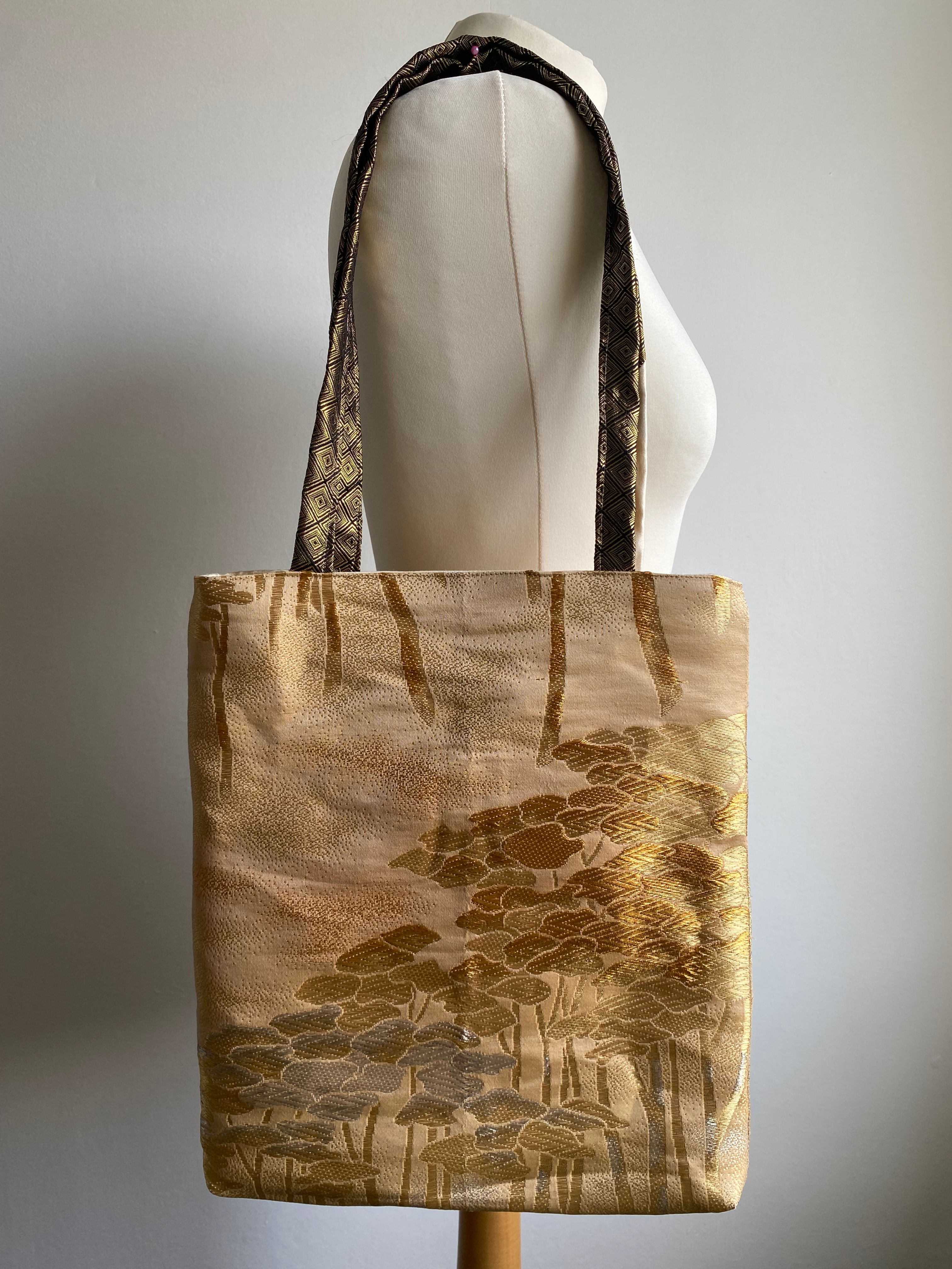 Golden PineTree Vintage Silk Kimono Totebag/松の木のトートバック