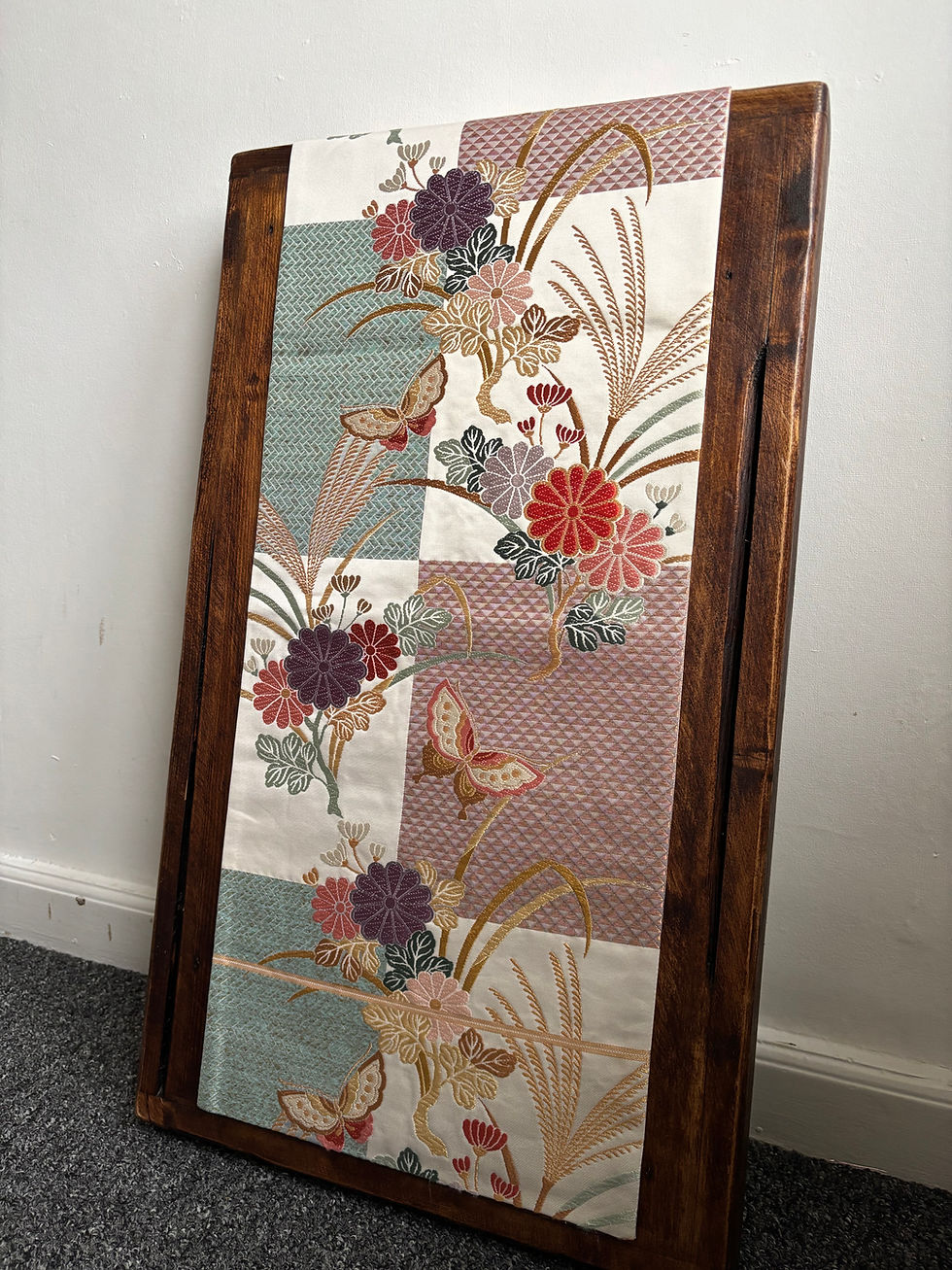 Thumbnail: Pastel Pink Butterfly Vintage Silk Kimono Obi belt/ 蝶々の帯ベルト