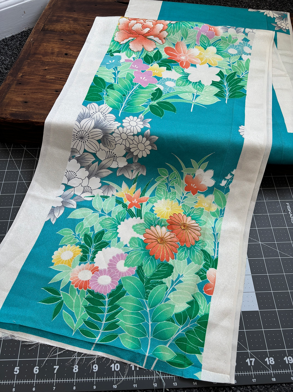 Thumbnail: Turquoise Blue Floral Kimono Fabric / お花の着物 – 36 cm (14.2") Width (Sold by 1 m)