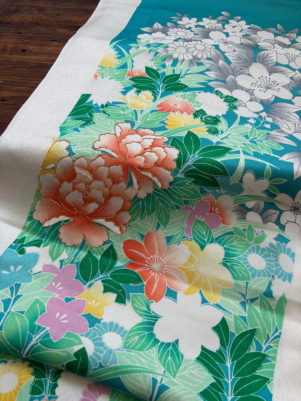 Thumbnail: Turquoise Blue Floral Kimono Fabric / お花の着物 – 36 cm (14.2") Width (Sold by 1 m)