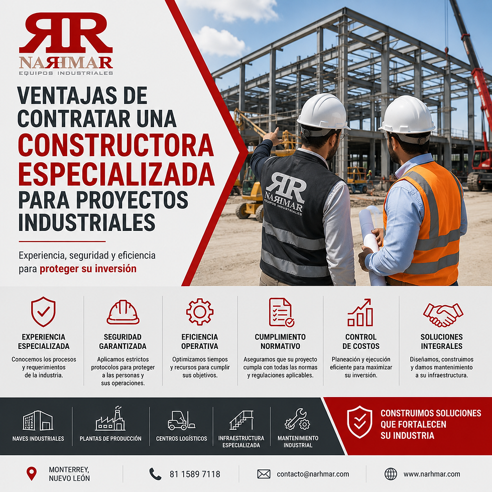 En NARHMAR Equipos Industriales contamos con experiencia en diseño, construcción, mantenimiento y adecuación de instalaciones industriales en Monterrey y todo México, ofreciendo soluciones integrales adaptadas a las necesidades de cada cliente.