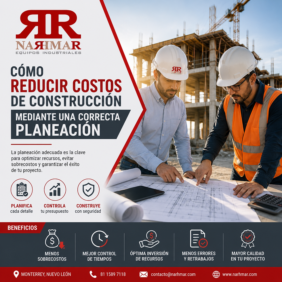 La planeación adecuada permite anticipar riesgos, optimizar recursos y tomar decisiones estratégicas antes de iniciar la ejecución del proyecto. En NARHMAR Equipos Industriales sabemos que una inversión bien planificada puede representar ahorros significativos durante todo el ciclo de vida de una construcción.