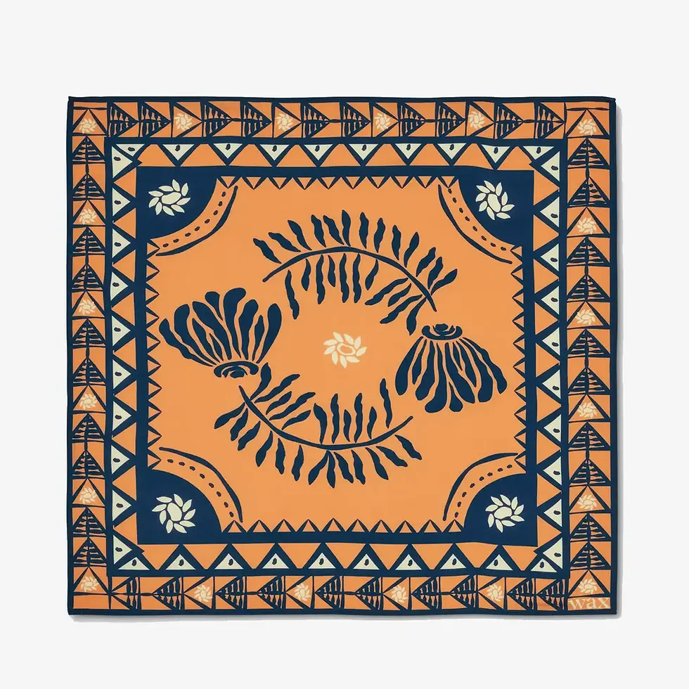 Thumbnail: Full pattern Wax London Sloane Painted Flower Neck Scarf in orange and navy laying flat