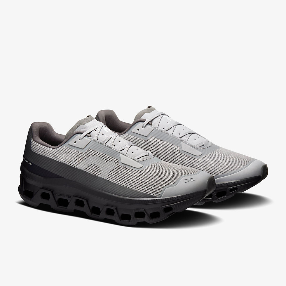 Pair of On Cloudmonster Void Men's Sneakers in alloy, black side panels