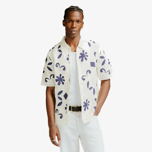 Wax London Porto Doodle Crochet Knitted Shirt | ecru/navy | Evolve