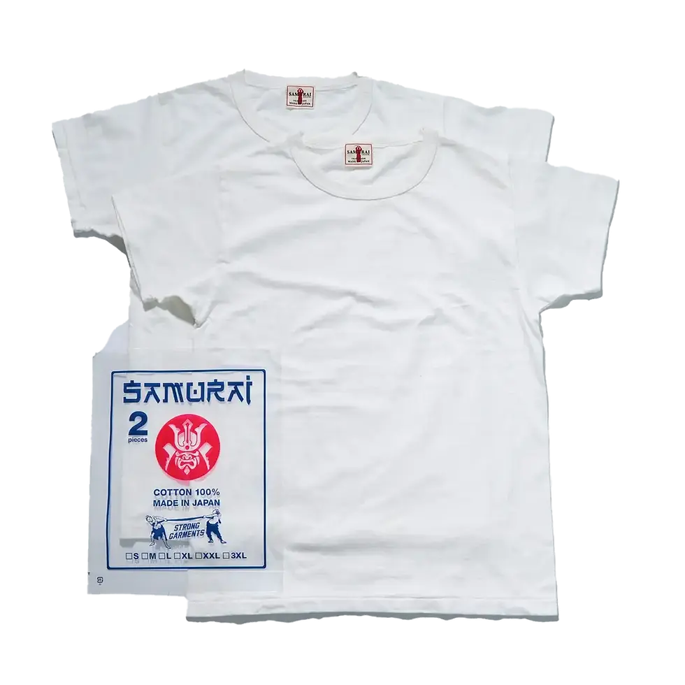 Samurai Jeans 2-Pack Crew Neck T-Shirt in soft white laying flat with packaging on top