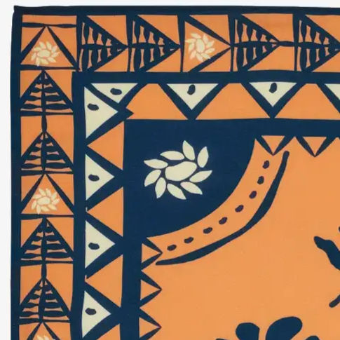 Thumbnail: Corner graphic detail of pained flower Wax London Sloane Painted Flower Neck Scarf in orange and navy