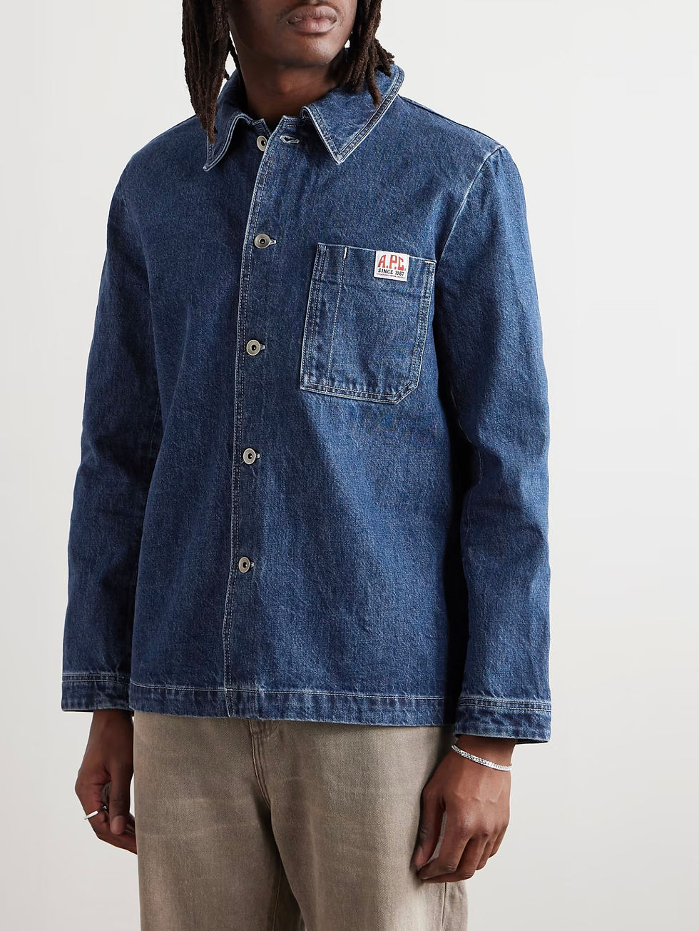 A.P.C. Ralph Denim Jacket in Stonewashed Indigo on model front detail