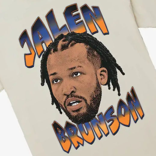 Thumbnail: Mitchell & Ness Jalen Brunson Big Face Knicks T-shirt in cream close up front graphic
