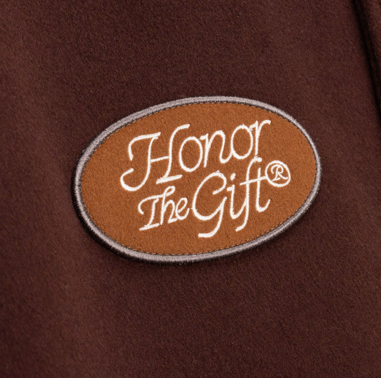 Honor The Gift HTG Letterman Varsity Jacket in brown patch detail