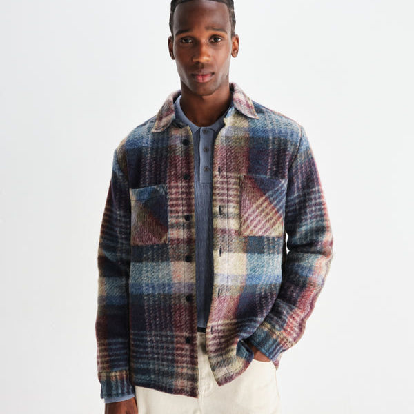 Wax London Whiting Wool Check Overshirt in blue, multicolor on male model front