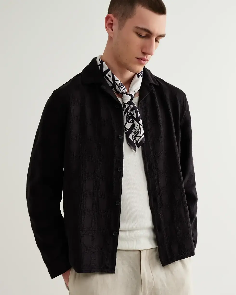 Thumbnail: Male model wearing the Wax London Sloane Painted Flower Neck Scarf in navy and ecru